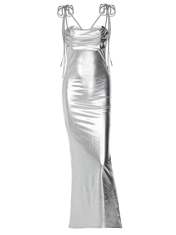 Metallic Dresses- Elegant Glossy Mermaid Deep Backless Bustier Maxi Dress- - Pekosa Women Fashion