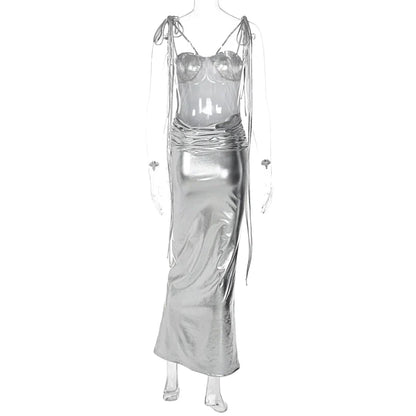 Metallic Dresses- Elegant Glossy Mermaid Deep Backless Bustier Maxi Dress- - Pekosa Women Fashion