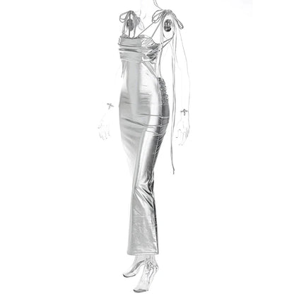 Metallic Dresses- Elegant Glossy Mermaid Deep Backless Bustier Maxi Dress- - Pekosa Women Fashion