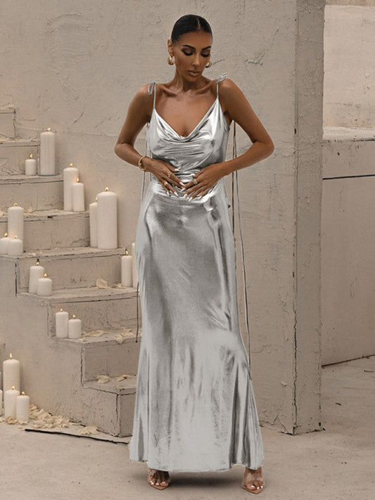 Metallic Dresses- Elegant Metallic Mermaid Cowl Maxi Dress with Deep Backless- Silver grey- Pekosa Women Fashion