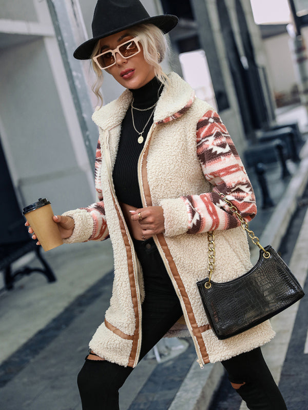 Mid Length Jackets- Business Casual Aztec Print Fleece Mid-Length Jacket for Women- - Pekosa Women Clothing