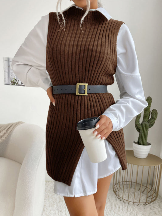 Mid-Length Vest- Rib-Knit Mock Neck Mid-Length Vest Slit Sweater- Brown- Pekosa Women Clothing