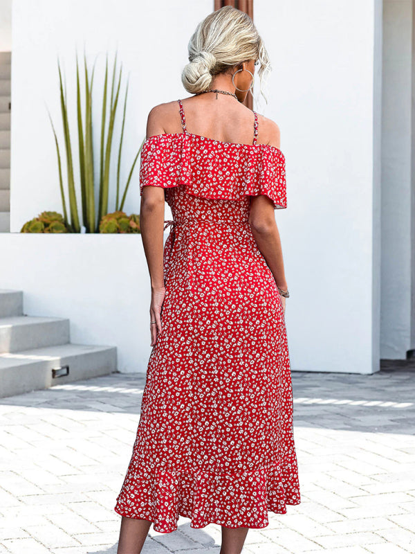 Midi Dress- Flirty and Feminine Ditsy Floral Cold Shoulder Midi Dress for Women- - Pekosa Women Clothing