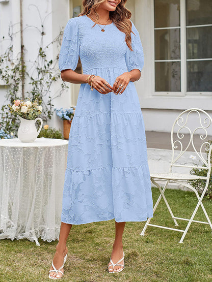 Midi Dress- Jacquard Chiffon Midi Dress with Puff Sleeves for Women- Blue- Pekosa Women Clothing