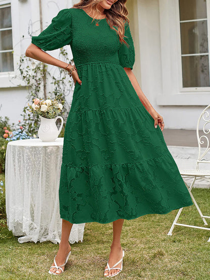 Midi Dress- Jacquard Chiffon Midi Dress with Puff Sleeves for Women- Green- Pekosa Women Clothing