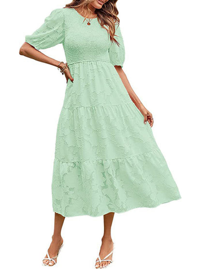 Midi Dress- Jacquard Chiffon Midi Dress with Puff Sleeves for Women- Pale green- Pekosa Women Clothing