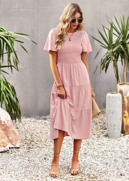 Midi Dress- Solid Smocked Waist Tiered Midi Dress- - Pekosa Women Clothing