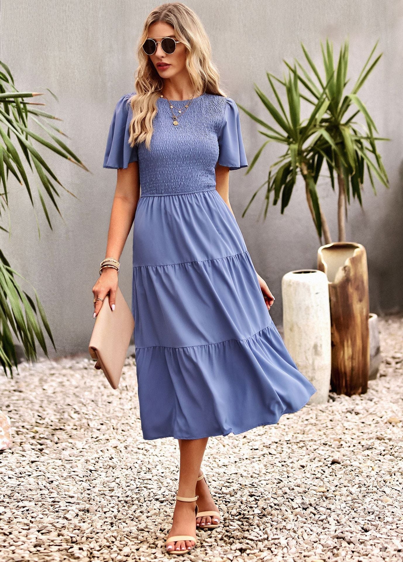 Midi Dress- Solid Smocked Waist Tiered Midi Dress- - Pekosa Women Clothing