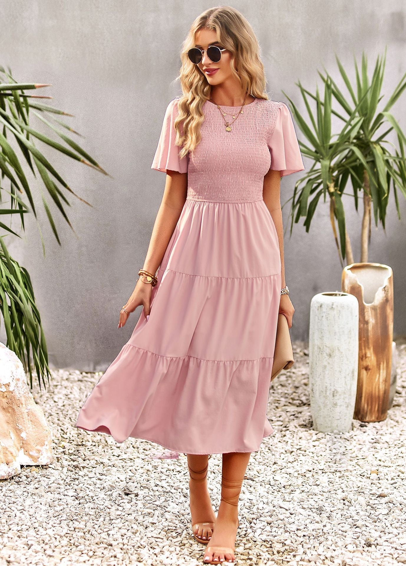 Midi Dress- Solid Smocked Waist Tiered Midi Dress- - Pekosa Women Clothing