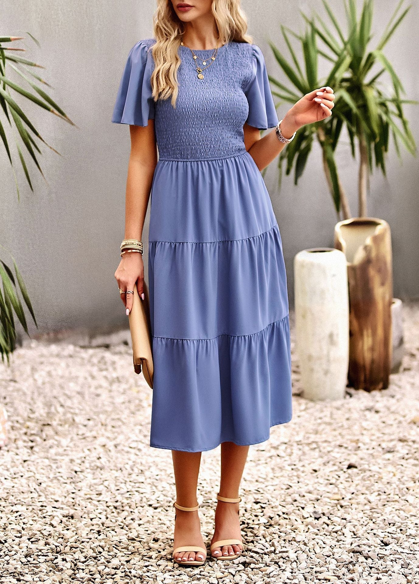 Midi Dress- Solid Smocked Waist Tiered Midi Dress- - Pekosa Women Clothing