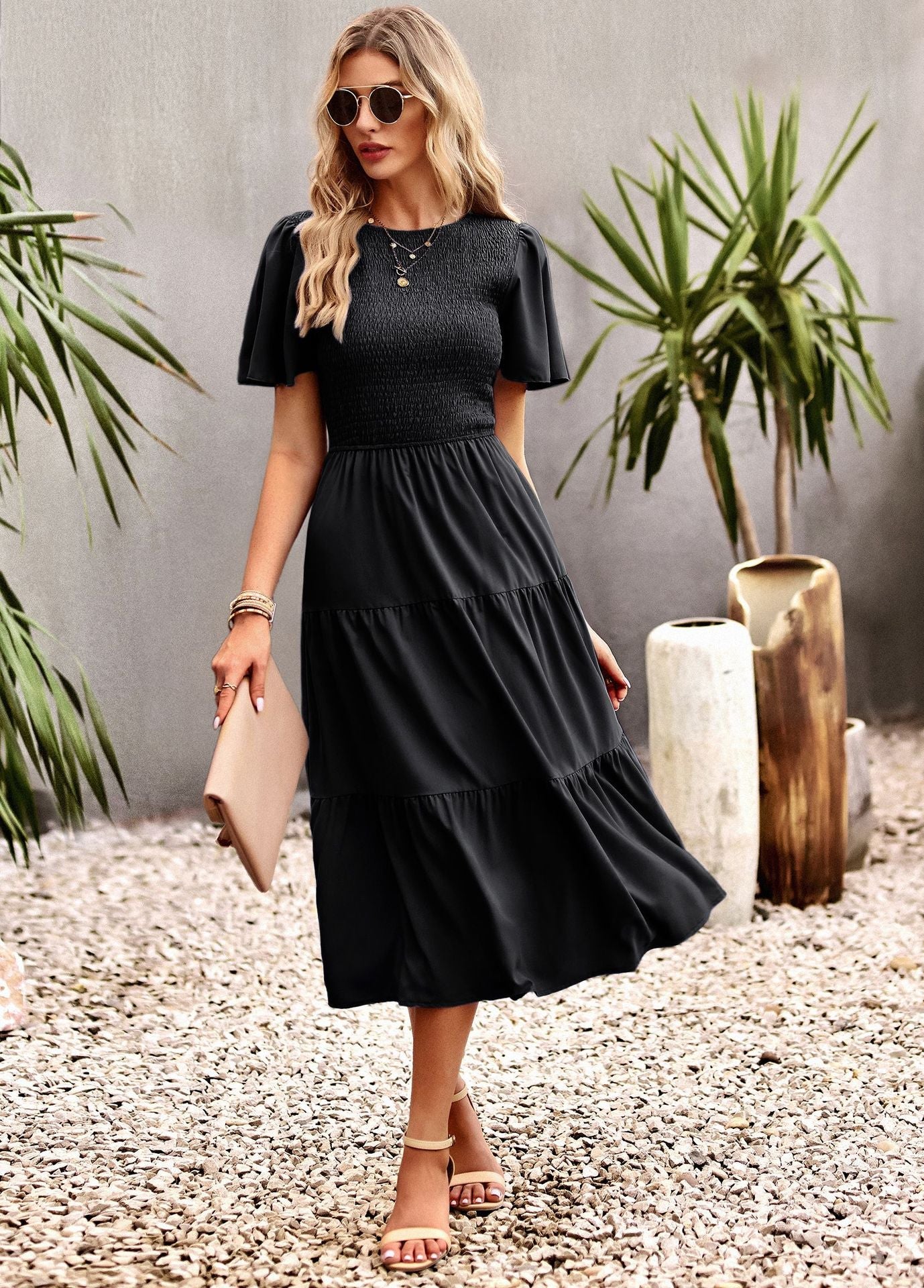 Midi Dress- Solid Smocked Waist Tiered Midi Dress- - Pekosa Women Clothing