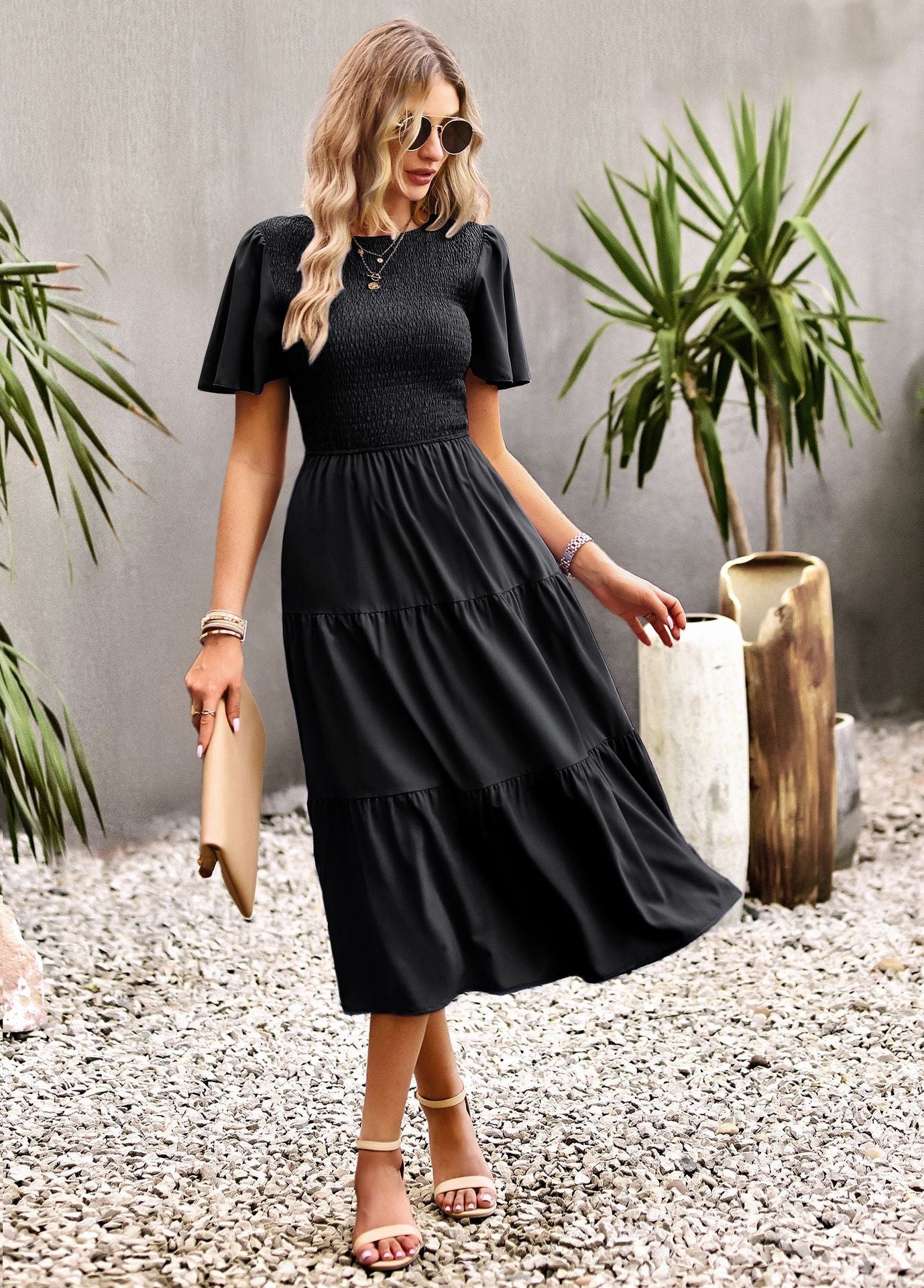 Midi Dress- Solid Smocked Waist Tiered Midi Dress- - Pekosa Women Clothing