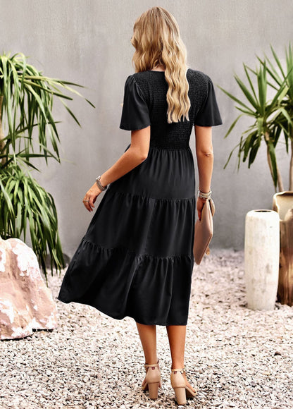 Midi Dress- Solid Smocked Waist Tiered Midi Dress- - Pekosa Women Clothing