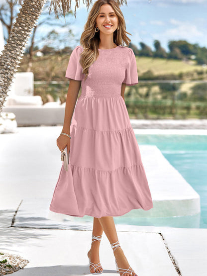 Midi Dress- Solid Smocked Waist Tiered Midi Dress- Pink- Pekosa Women Clothing