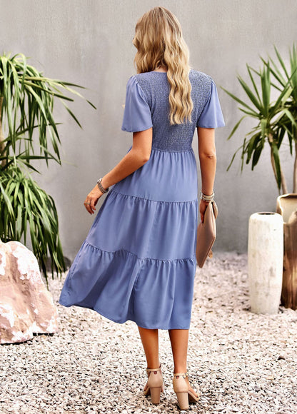 Midi Dress- Solid Smocked Waist Tiered Midi Dress- - Pekosa Women Clothing