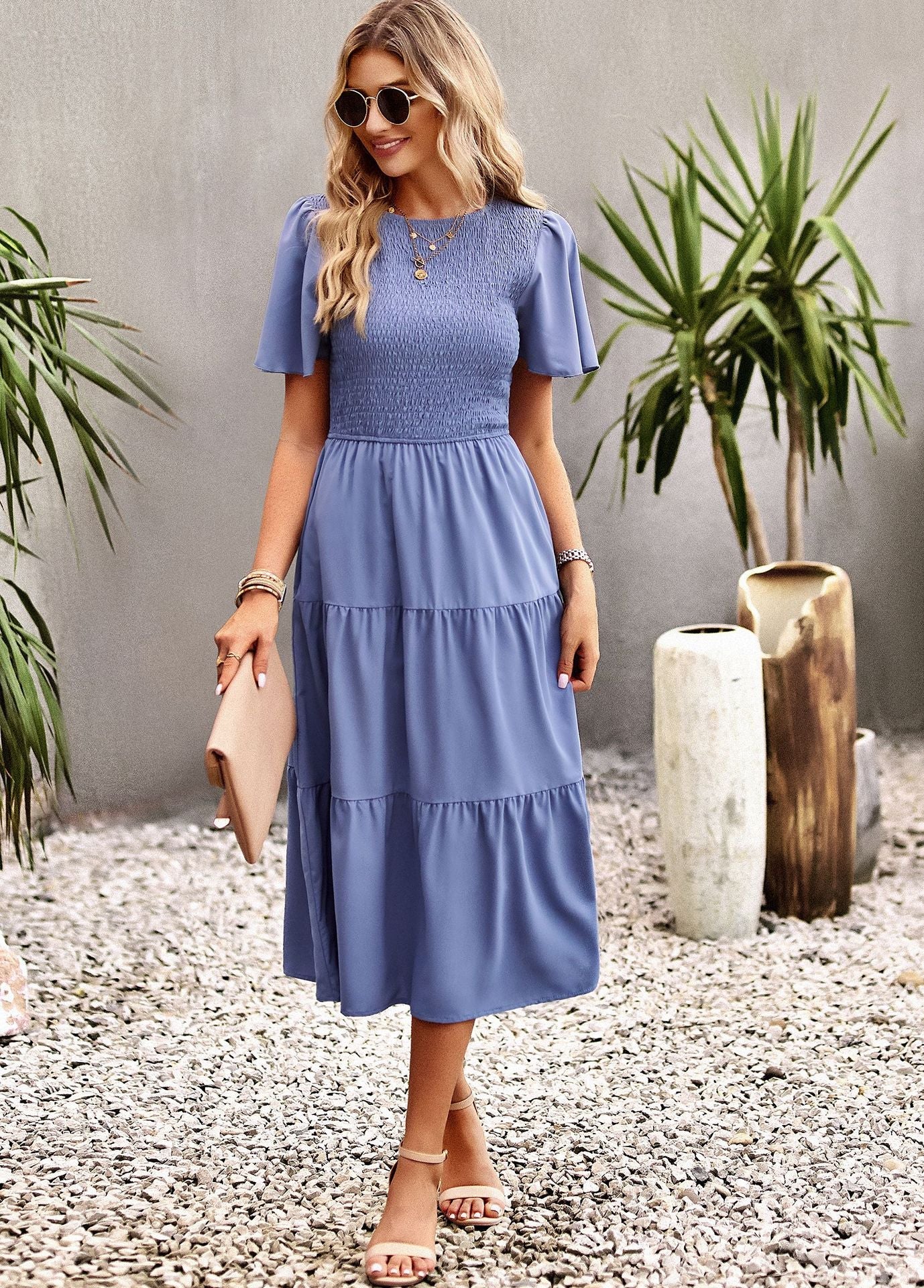 Midi Dress- Solid Smocked Waist Tiered Midi Dress- - Pekosa Women Clothing