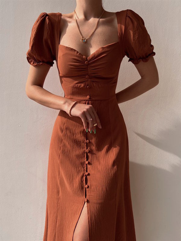 Midi Dress- Textured Cotton Bustier Sweetheart Collar Midi Dress- Brown- Pekosa Women Clothing