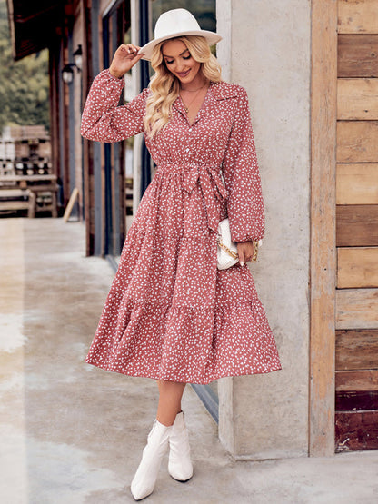 Midi Dress- Tiered Floral Belt Tie Shirt Dress with Long Sleeve- - Pekosa Women Clothing