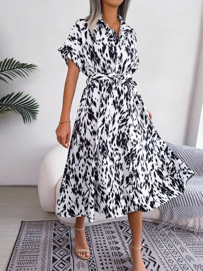 Midi Dress- Unleash Your Inner Wild with Our Leopard Print Midi Shirt Dress- White- Pekosa Women Clothing