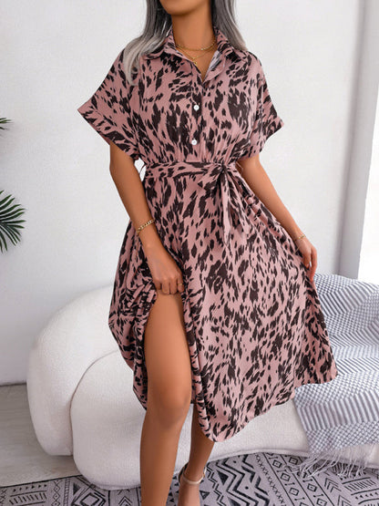 Midi Dress- Unleash Your Inner Wild with Our Leopard Print Midi Shirt Dress- Pink- Pekosa Women Clothing