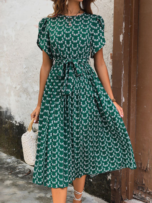 Midi Dresses- A-Line Belted Midi Dress In Green Print with Short Sleeves- Green black jasper- Pekosa Women Clothing