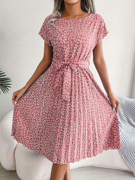 Midi Dresses- A-Line Floral Print Crewneck Midi Dress with Tie-Belt- Pink- Pekosa Women Clothing