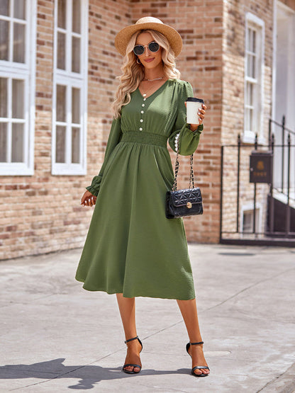 Midi Dresses- A-Line Smocked Waist Midi Dress with Long Sleeves in Textured Fabric- Olive green- Pekosa Women Clothing