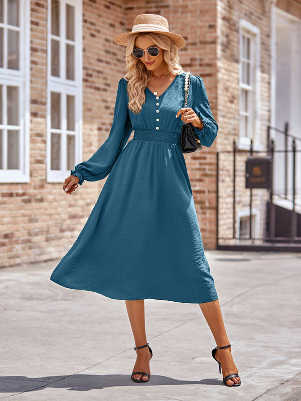 Midi Dresses- A-Line Smocked Waist Midi Dress with Long Sleeves in Textured Fabric- Blue- Pekosa Women Clothing