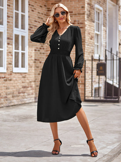 Midi Dresses- A-Line Smocked Waist Midi Dress with Long Sleeves in Textured Fabric- Black- Pekosa Women Clothing