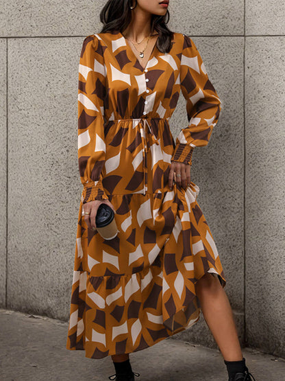 Midi Dresses- Abstract Print A-Line Midi Dress with Long Sleeves and Gathered Waist- Yellow- Pekosa Women Clothing