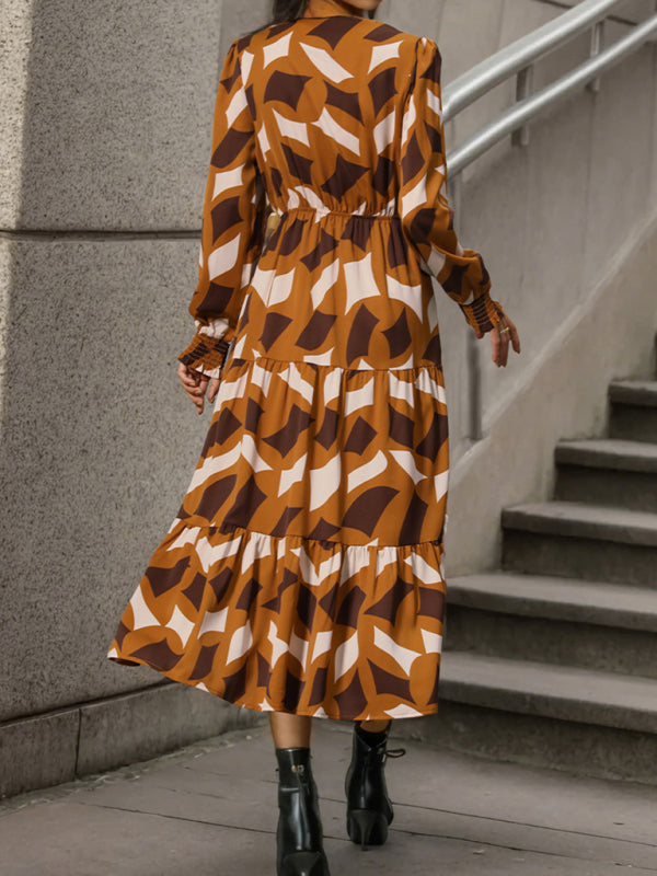 Midi Dresses- Abstract Print A-Line Midi Dress with Long Sleeves and Gathered Waist- - Pekosa Women Clothing