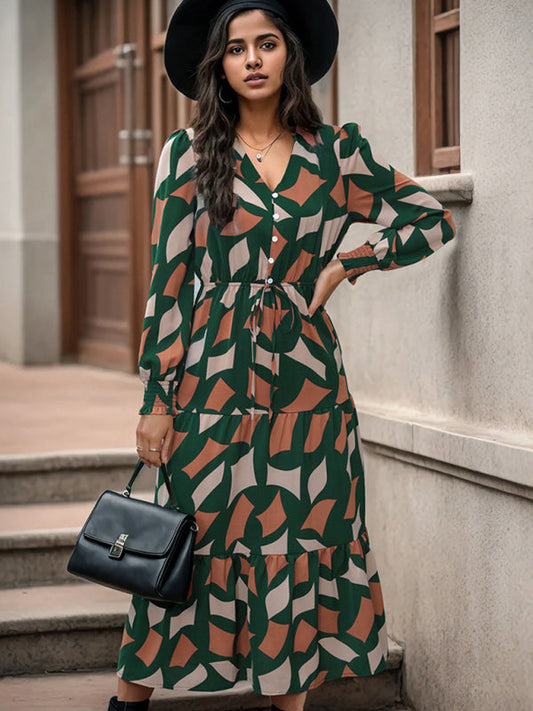 Midi Dresses- Abstract Print A-Line Midi Dress with Long Sleeves and Gathered Waist- Green- Pekosa Women Clothing