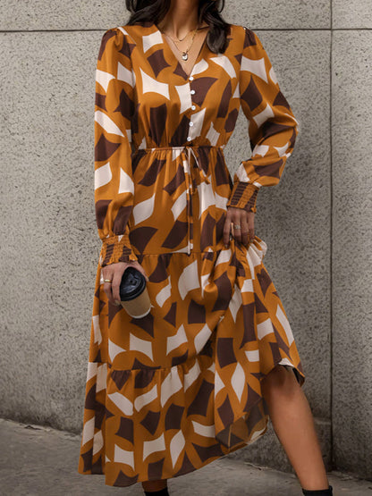 Midi Dresses- Abstract Print A-Line Midi Dress with Long Sleeves and Gathered Waist- - Pekosa Women Clothing