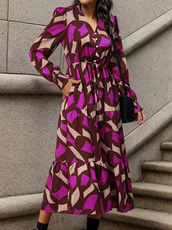 Midi Dresses- Abstract Print A-Line Midi Dress with Long Sleeves and Gathered Waist- Rose- Pekosa Women Clothing