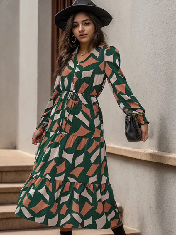 Midi Dresses- Abstract Print A-Line Midi Dress with Long Sleeves and Gathered Waist- - Pekosa Women Clothing