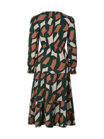 Midi Dresses- Abstract Print A-Line Midi Dress with Long Sleeves and Gathered Waist- - Pekosa Women Clothing