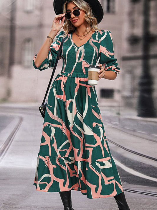 Midi Dresses- Abstract Print Smocked Ruffle Long Sleeve Midi Dress- Green- Pekosa Women Clothing