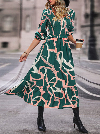 Midi Dresses- Abstract Print Smocked Ruffle Long Sleeve Midi Dress- - Pekosa Women Clothing