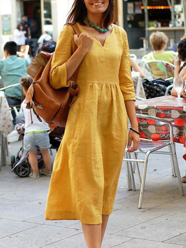 Midi Dresses- All-Day Ease: Notched Neck Midi Dress with 3/4 Sleeves and Pockets- Yellow- Pekosa Women Clothing