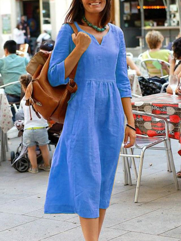 Midi Dresses- All-Day Ease: Notched Neck Midi Dress with 3/4 Sleeves and Pockets- Blue- Pekosa Women Clothing