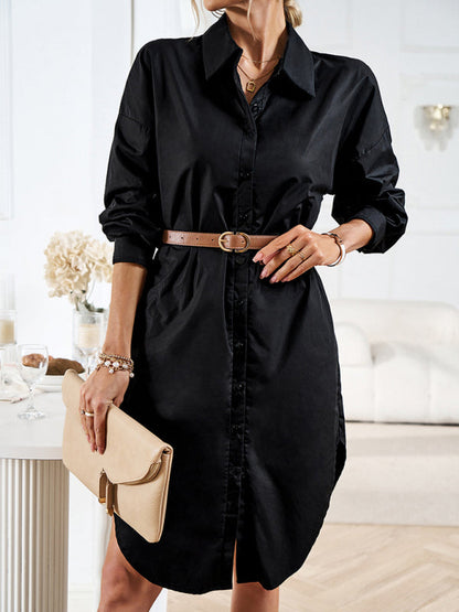 Midi Dresses- All-Occasion Cotton Fancy Shirt Midi Dress with Pockets - Without Belt- Black- Pekosa Women Clothing