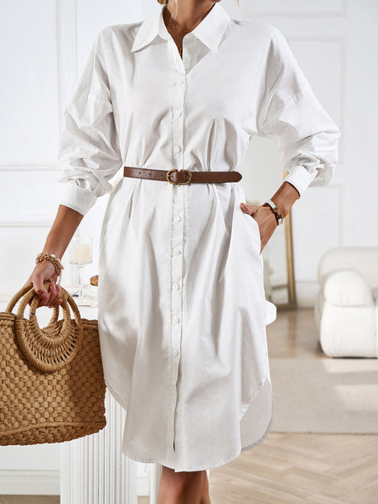 Midi Dresses- All-Occasion Cotton Fancy Shirt Midi Dress with Pockets - Without Belt- White- Pekosa Women Clothing