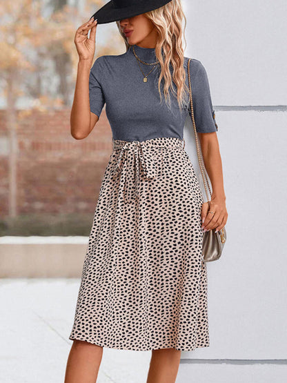 Midi Dresses- Animal Print Color Block Short Sleeves Midi Dress- Grey- Pekosa Women Clothing