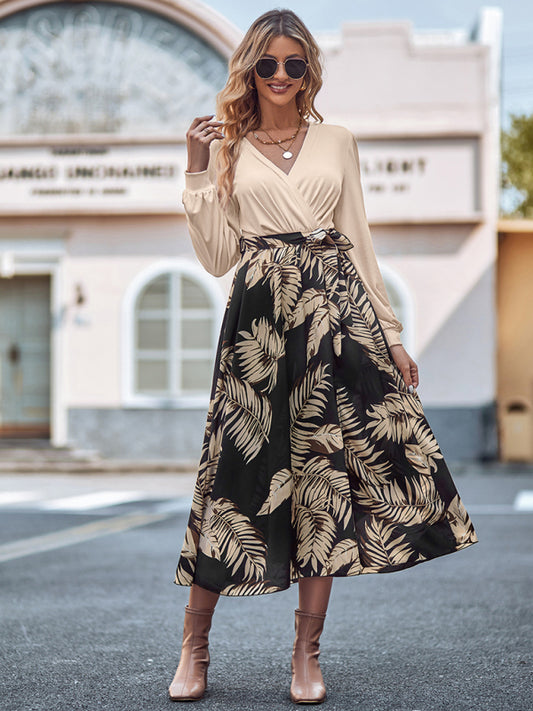 Midi Dresses- Autumn Attire: Color Block Long Sleeve Midi Dress- Cracker khaki- Pekosa Women Clothing