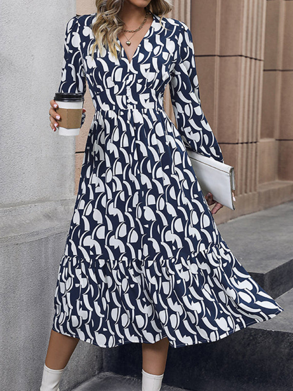 Midi Dresses- Autumn Elegant Art Print Long Sleeve Smocked Waist Midi Dress- Blue- Pekosa Women Clothing