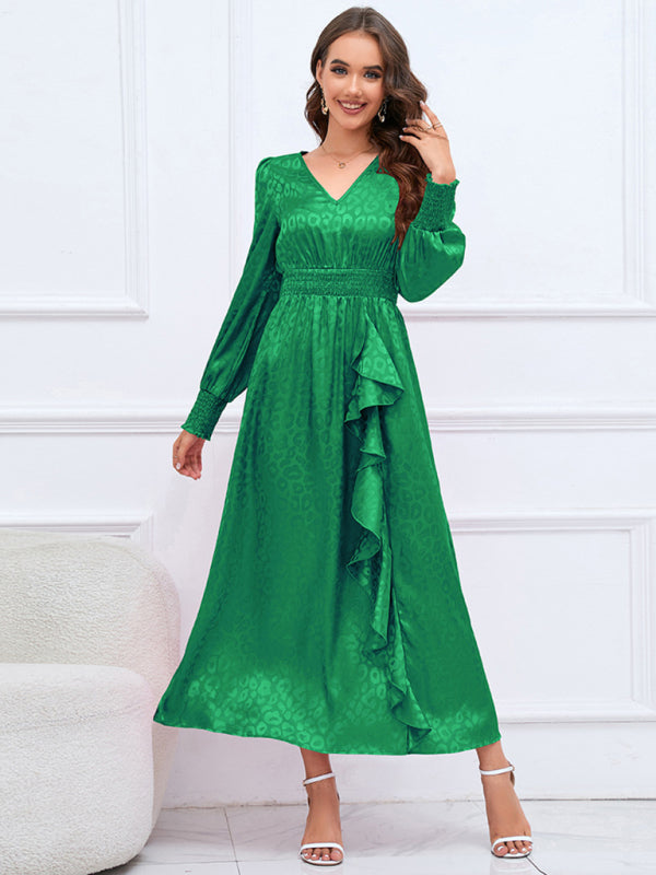 Midi Dresses- Autumn Jacquard Leopard Lantern Sleeve Open Back Long Dress- Green- Pekosa Women Clothing