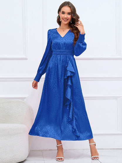 Midi Dresses- Autumn Jacquard Leopard Lantern Sleeve Open Back Long Dress- Blue- Pekosa Women Clothing