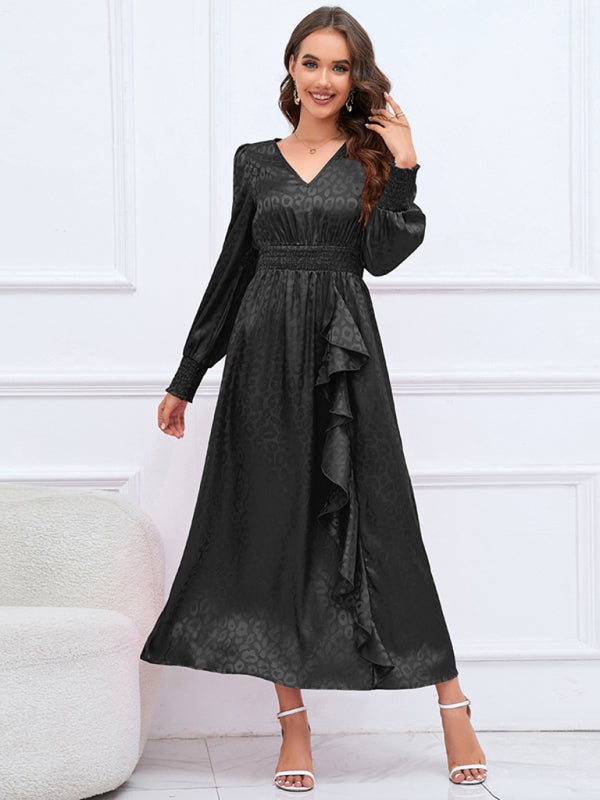 Midi Dresses- Autumn Jacquard Leopard Lantern Sleeve Open Back Long Dress- Black- Pekosa Women Clothing