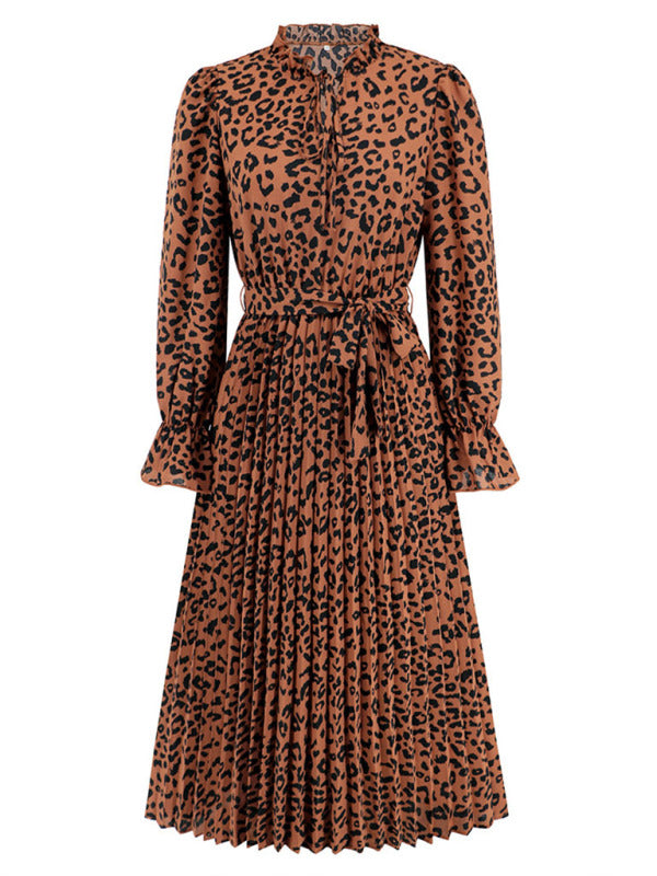 Midi Dresses- Autumn Leopard Pleated Lantern Sleeve Belt-Tie Mock Neck Dress- - Pekosa Women Clothing