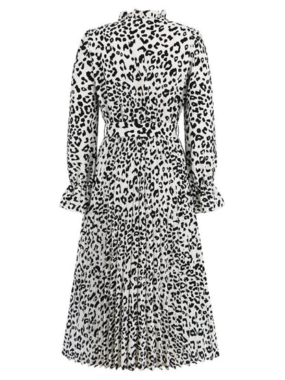 Midi Dresses- Autumn Leopard Pleated Lantern Sleeve Belt-Tie Mock Neck Dress- - Pekosa Women Clothing